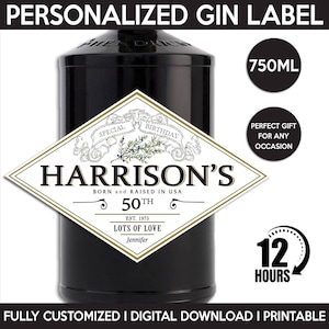 Gin Label Replica, Custom Label, Personalized And Printable Template, Digital Download Gin Bottle Label, Gift, Present, Birthday, 750ml