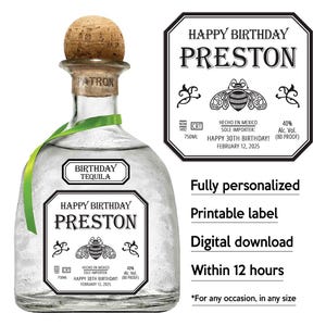 Patrón Tequila Label Replica, Custom Tequila Label, Personalized Printable Template, Digital Download Patron Bottle Label, Birthday, Wedding