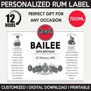 Replica aangepaste rumetiket, gepersonaliseerde en afdrukbare sjabloon, digitale download fles witte rumetiket, cadeau voor verjaardag, 700 ml
