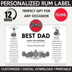 Replica aangepaste rumetiket, gepersonaliseerde en afdrukbare sjabloon, digitale download fles witte rumetiket, verjaardag, cadeau voor beste vader, 700 ml