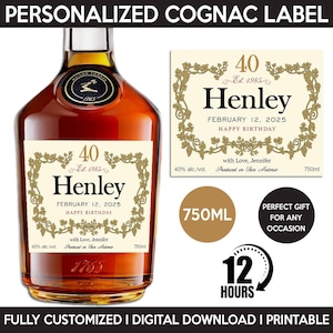 Custom Cognac Label, Liquor Label Replica, Personalized And Printable Template, Digital Download Cognac Bottle Label, Gift Birthday, Wedding