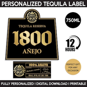 1800 Tequila Añejo Label, Custom Tequila Label, Personalized Template, Digital Download Tequila Bottle Label, Birthday, Wedding, 750ml
