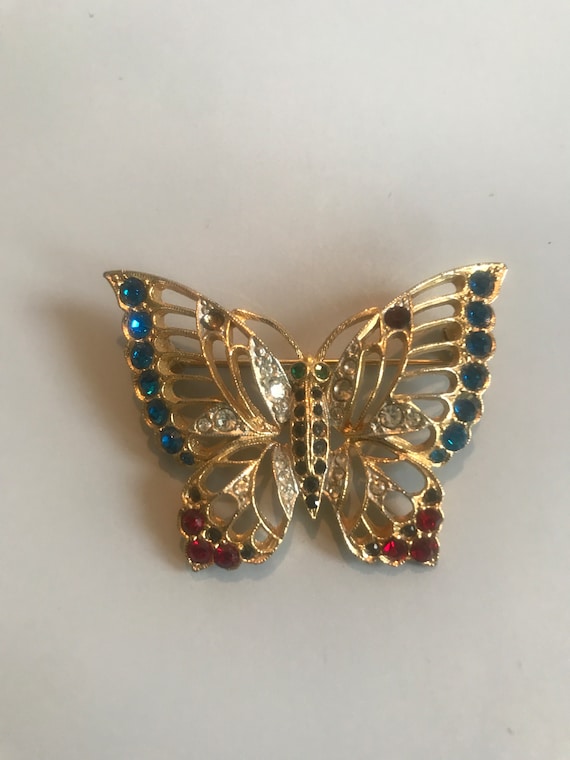 Vintage 60’s Rhinestone Gold Tone Butterfly Brooch