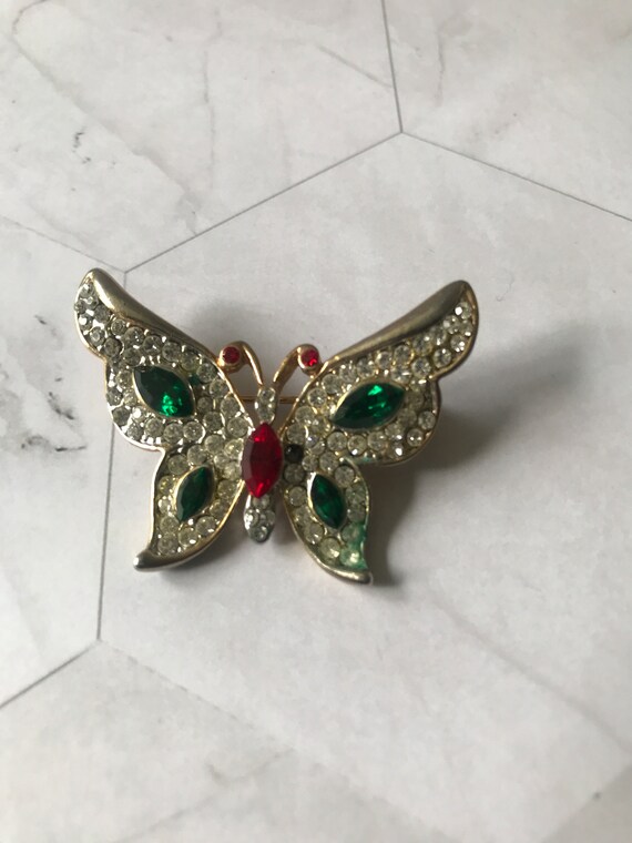 Vintage Gold Tone Rhinestone Butterfly Brooch
