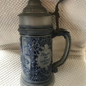 Vintage Lidded Beer Stein, 1 Liter Grey & Blue Stein, Bar Decor