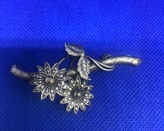 Broche En Argent Massif 925 - Décor Floral Avec Brillants Et Perles - Occasion - Bijou Ancien