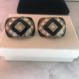 Vintage Black Onyx And Rhinestone Clip On Earrings