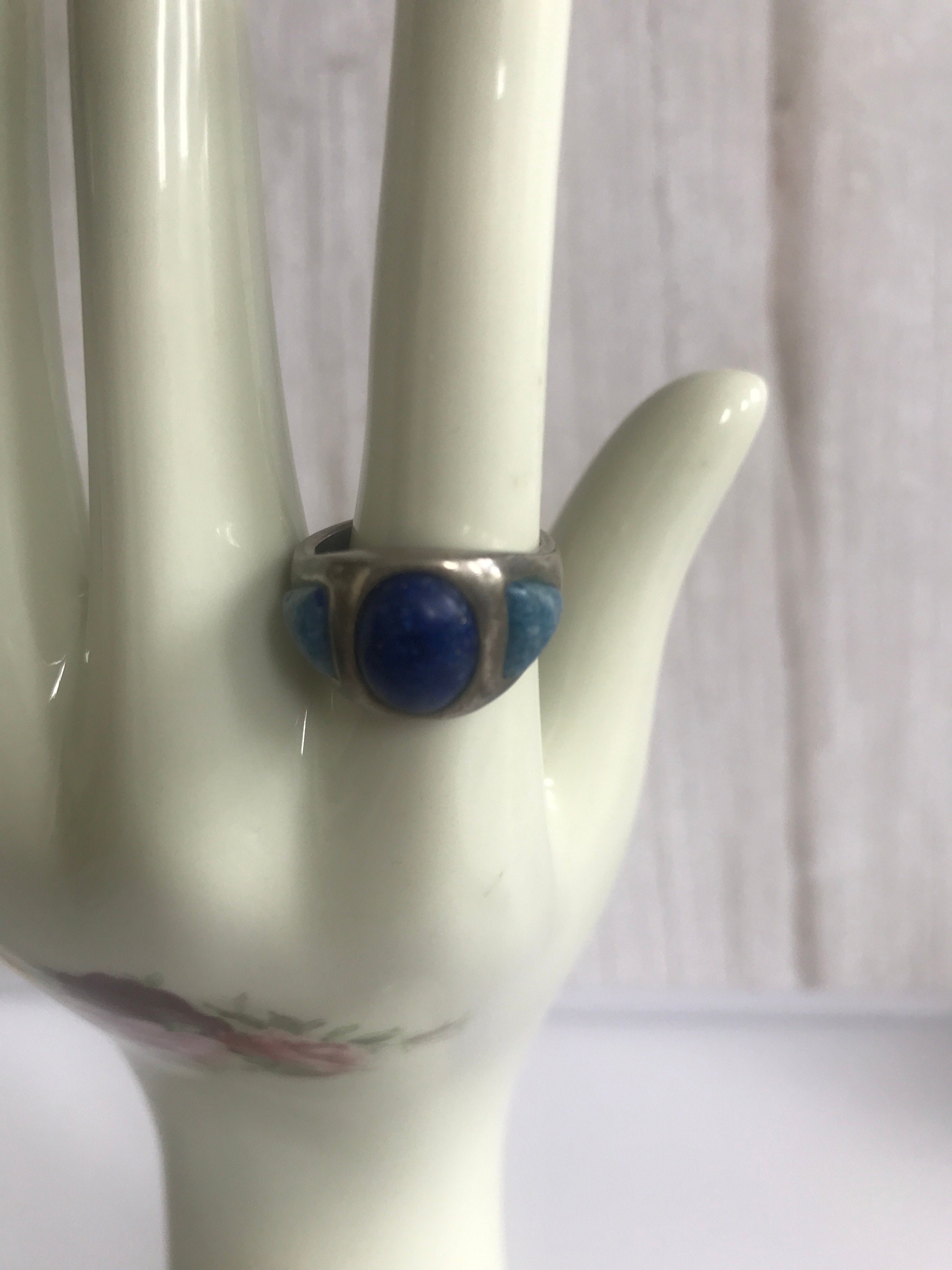Bague Vintage Argent 925 - Sertie De Saphir Bleu Et Pierres Blanches, Taille 57