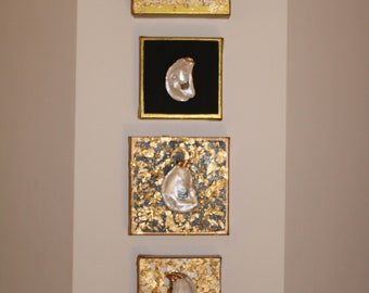 Coastal Oyster Shell Canvas Art, Gold Trim, Handmade Florida Decor
