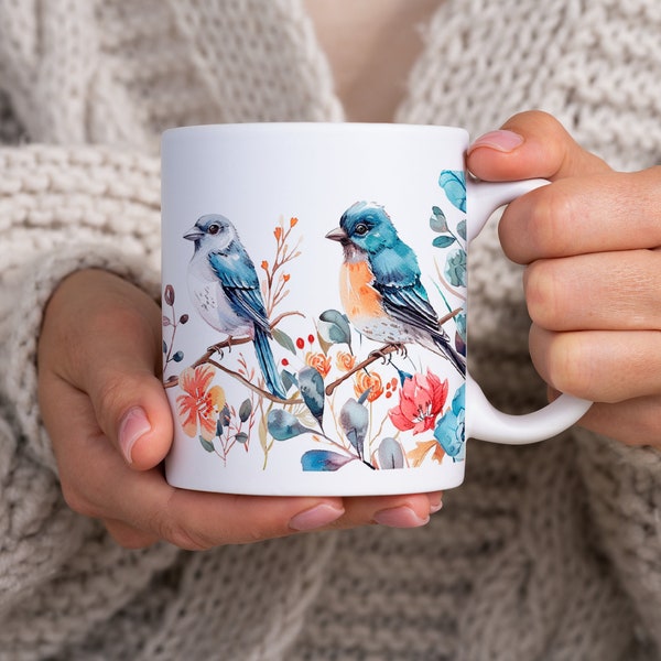 Watercolour Bird Mug Unique Ceramic Cup for Tea and Coffee Lovers mug gift for her gift for him birthday gift for colleague printed mug