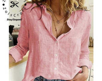 Damen Leinenshirt Sommer Unisex Leinen Top Boho Shirt Geschenk für Sie Leinenshirt Bluse Übergroßes Langarm Leinenshirt Button Up V-Ausschnitt