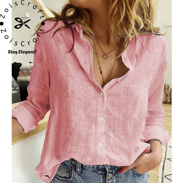 Women Linen Shirt Summer Unisex Linen Top Bohemian Shirt Gift for Her Linen Shirt Blouse Oversized Long Sleeve Linen Shirt Button Up V Neck