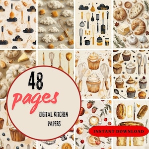 48 Cooking Digital Papers Bundle – Food Recipe Kitchen and Baking Themed Designs for Journals Scrapbooking and Craft Projects Recipe Papers