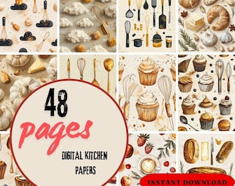 May include: A set of 48 digital kitchen papers with various patterns. The patterns include cupcakes, kitchen utensils, bread, and other baking-related items. The papers are perfect for creating digital scrapbook pages, cards, and other crafts.