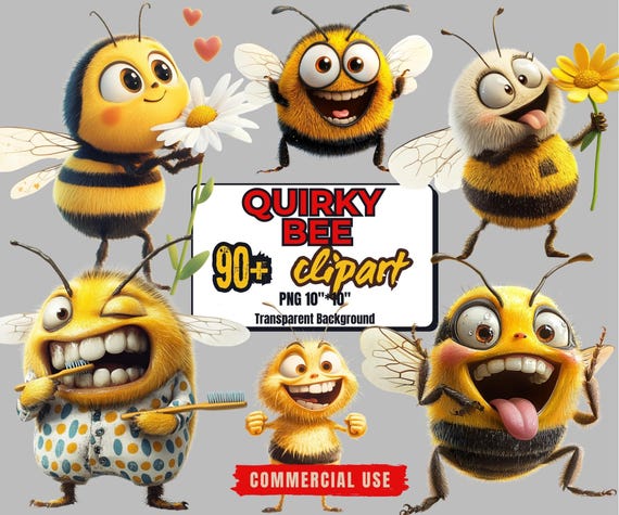 90+ Funny Bee Clipart Bundle: Quirky Cartoon PNG Stickers (Commercial Use, Digital Download