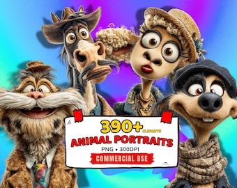390+ Funny Quirky Animal Portraits Clipart Bundle: Silly Office Cartoon Faces PNG (Commercial Use)