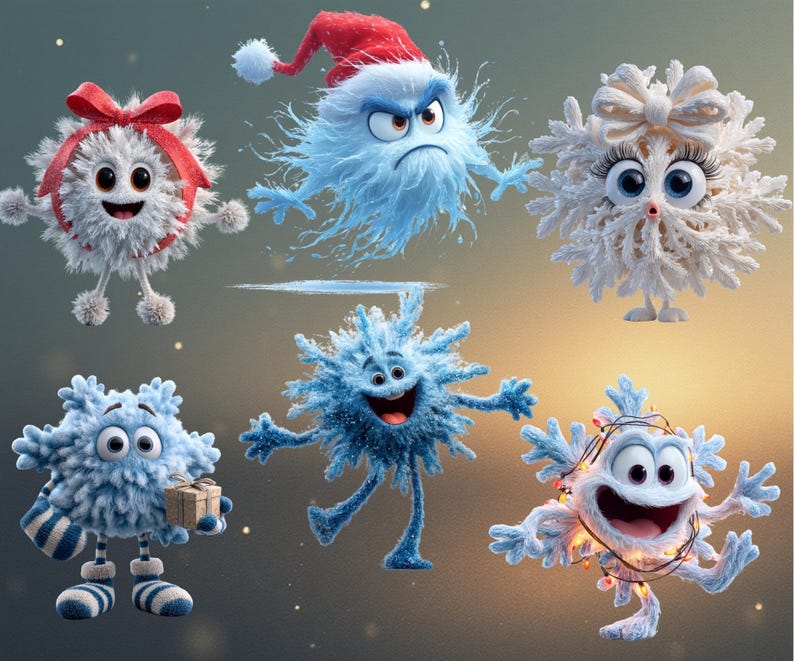 130+ funny quirky snowflakes clipart bundle featuring cute winter snowflake illustrations in high-resolution PNG format. Includes whimsical winter designs ideal for Christmas crafts, holiday cards, stickers, planners, and sublimation projects. This versatile snowflake PNG pack offers unique decorative elements perfect for DIY creators, digital projects, and print-on-demand products.