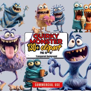 Discover the 130+ Quirky Funny Monster Clipart Bundle featuring silly monster stickers, goofy monster bundle PNGs, and cute monster graphics perfect for kids crafts, monster party clipart, and playful monster designs. Includes monster PNG, cartoon monster art, spooky cute monsters, digital monster PNGs, and colorful monster art for scrapbooking, planners, t-shirt designs, birthday invitations, DIY monster stickers, and print-on-demand projects.