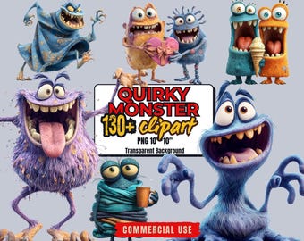 130+ Funny Monster Clipart Bundle: Quirky Monster PNG Graphics (Commercial Use - Digital Download)