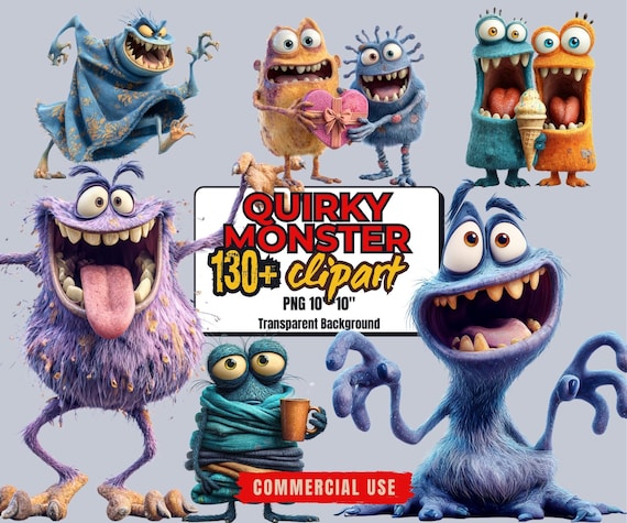 130+ Funny Monster Clipart Bundle: Quirky Monster PNG Graphics (Commercial Use - Digital Download)