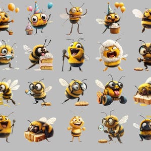 90+ funny bee clipart PNG bundle featuring quirky bumble bee stickers, cute cartoon bees, silly honeybee illustrations, whimsical bee art for scrapbooking, crafts, greeting cards, digital downloads, social media, POD & DIY projects. Transparent background, high-res 300 DPI.