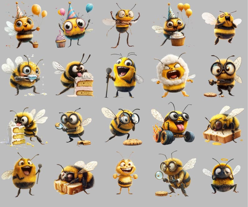 90+ funny bee clipart PNG bundle featuring quirky bumble bee stickers, cute cartoon bees, silly honeybee illustrations, whimsical bee art for scrapbooking, crafts, greeting cards, digital downloads, social media, POD & DIY projects. Transparent background, high-res 300 DPI.
