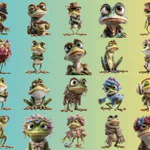 May include: A collection of whimsical frog illustrations, each uniquely styled with accessories like hats, scarves, and floral arrangements. The frogs have expressive eyes and are set against a gradient background of blue and yellow.