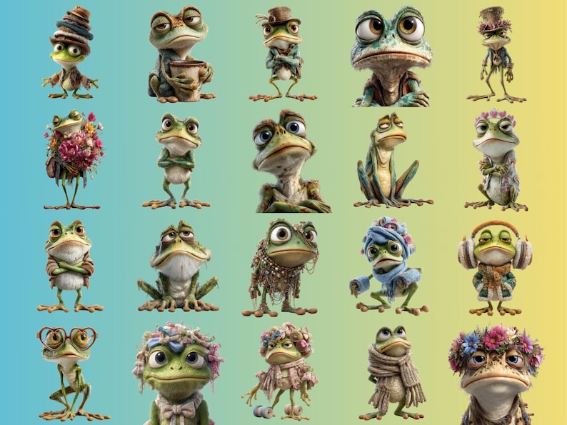 May include: A collection of whimsical frog illustrations, each uniquely styled with accessories like hats, scarves, and floral arrangements. The frogs have expressive eyes and are set against a gradient background of blue and yellow.