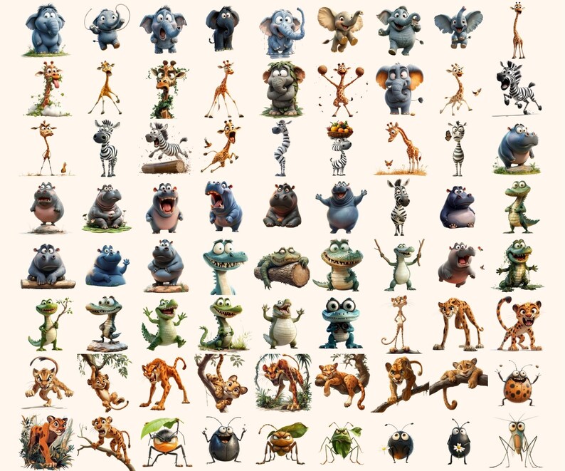 410+ Quirky Jungle Clipart PNG Funny Jungle Clipart - Funny Elongated Illustrations Funny Animal Stickers PNG Quirky Animals Jungle Stickers