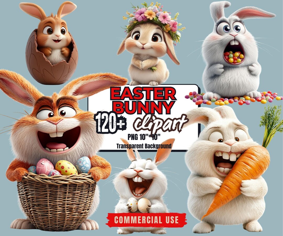 120+ Quirky Easter Bunny Clipart Bundle Transparent Background Cartoon ...