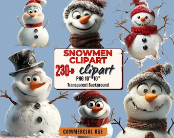 Más de 230 imágenes prediseñadas de muñecos de nieve navideños: divertidos diseños PNG invernales (fondo transparente, uso comercial)