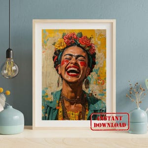 Póster digital con retrato de Frida Kahlo - Impresión de retrato de Frida en lienzo digital grande Arte de pared feminista Póster de arte de pared imprimible Impresiones digitales