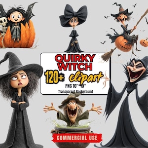 Puede incluir: Una colección de imágenes prediseñadas de brujas extravagantes. Las imágenes incluyen varias brujas de dibujos animados, un esqueleto y calabazas. También se ve el texto "Quirky Witch" y "120+ clipart". Las imágenes están en formato PNG con fondo transparente.