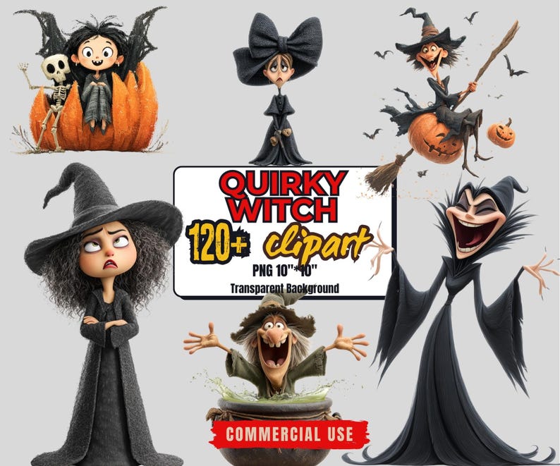 Funny Witch Clipart Bundle: Spooky Halloween PNG Stickers (commercial ...
