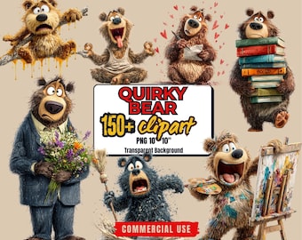 Pacchetto di clipart di orsi divertenti: oltre 150 PNG bizzarri (uso commerciale - download digitale)