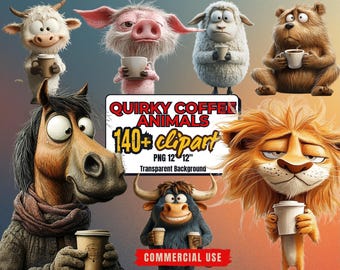 140+ Funny Coffee Animals PNG Bundle, Quirky Animal Clipart PNG - Sublimation Designs (Commercial Use)