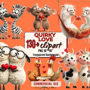 Paquete de más de 130 imágenes prediseñadas de amor con animales extravagantes: imágenes prediseñadas PNG de San Valentín: arte de animales en pareja, fondo transparente para el día de San Valentín, uso comercial