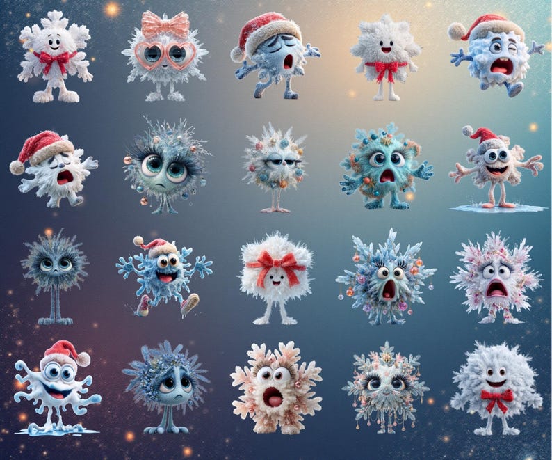 130+ funny quirky snowflakes clipart bundle featuring cute winter snowflake illustrations in high-resolution PNG format. Includes whimsical winter designs ideal for Christmas crafts, holiday cards, stickers, planners, and sublimation projects. This versatile snowflake PNG pack offers unique decorative elements perfect for DIY creators, digital projects, and print-on-demand products.