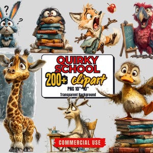 Más de 200 imágenes prediseñadas de animales escolares divertidos y peculiares - Imágenes prediseñadas de animales peculiares - Imágenes prediseñadas de regreso a clases - Fondo transparente - Uso comercial