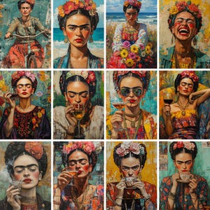 May include: A collage of ten images featuring a woman with a flower crown and a black unibrow. Each image depicts the woman in a different pose and setting, including drinking, smoking, and holding a cup of tea. The images are painted in a vibrant and colourful style.
