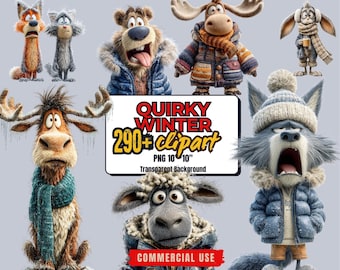 Funny Winter Animals Clipart Bundle: 290+ Quirky PNGs (Commercial Use - Digital Download)