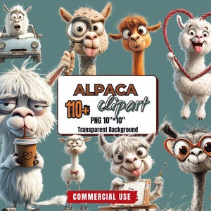 110+ schrullig lustiges Alpaka Clipart Paket - süße Alpaka Kunst - Cartoon Alpaka Aufkleber druckbar - humorvolle Alpaka Kunst - transparenter Hintergrund
