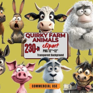 230+ Quirky Farm Animal Clipart Bundle PNGs engraçados e caprichosos para artesanato, convites, scrapbooking, designs digitais, animais de fazenda alongados e engraçados