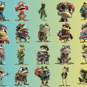 May include: A collection of whimsical frog illustrations, each uniquely styled with accessories like hats, scarves, and headphones. The frogs are depicted in various poses, set against a gradient blue and yellow background.