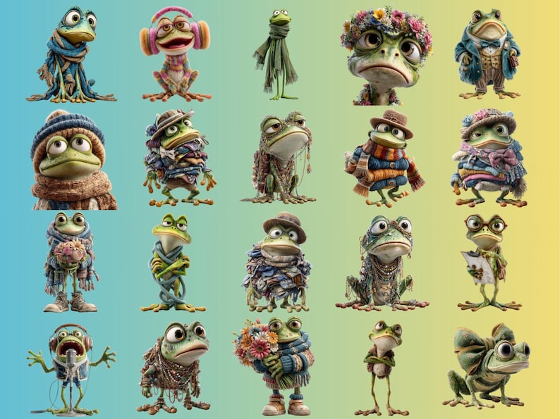 May include: A collection of whimsical frog illustrations, each uniquely styled with accessories like hats, scarves, and headphones. The frogs are depicted in various poses, set against a gradient blue and yellow background.