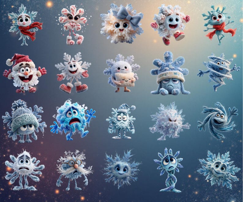 130+ funny quirky snowflakes clipart bundle featuring cute winter snowflake illustrations in high-resolution PNG format. Includes whimsical winter designs ideal for Christmas crafts, holiday cards, stickers, planners, and sublimation projects. This versatile snowflake PNG pack offers unique decorative elements perfect for DIY creators, digital projects, and print-on-demand products.