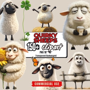 Plus de 150 Bundle de cliparts moutons drôles décalés fond transparent Stickers moutons de dessin animé drôles de moutons PNG Stickers moutons originaux art numérique moutons