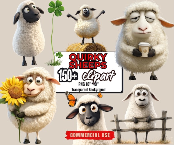 150+ Quirky Sheep Clipart Bundle: Funny  Sheep Cartoon PNG Stickers (Commercial Use - Digital Download)