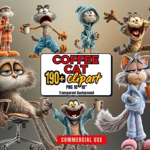 190+ Grumpy Coffee Cat clipartbundel: Funny Quirky Cat, png, sublimatieontwerpen (commercieel gebruik)