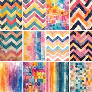 May include: A digital collage of 10 watercolor patterns featuring geometric shapes, abstract designs, and colorful stripes. The patterns are arranged in a grid and are perfect for use in scrapbooking, card making, and other craft projects.
